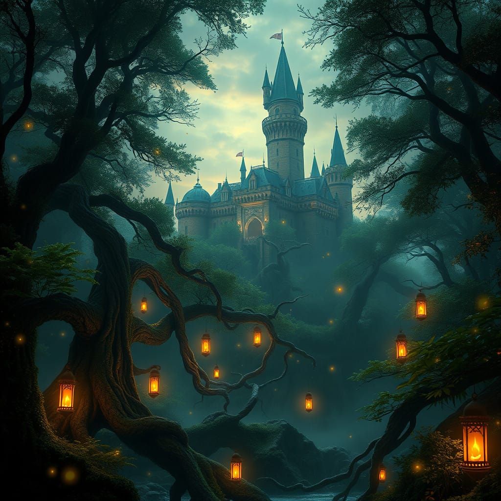 Whispers of a Luminous Realm: Majestic Castle Amidst the Mys...