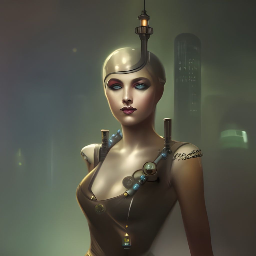 Steampunk Robot Queen in Art Deco City