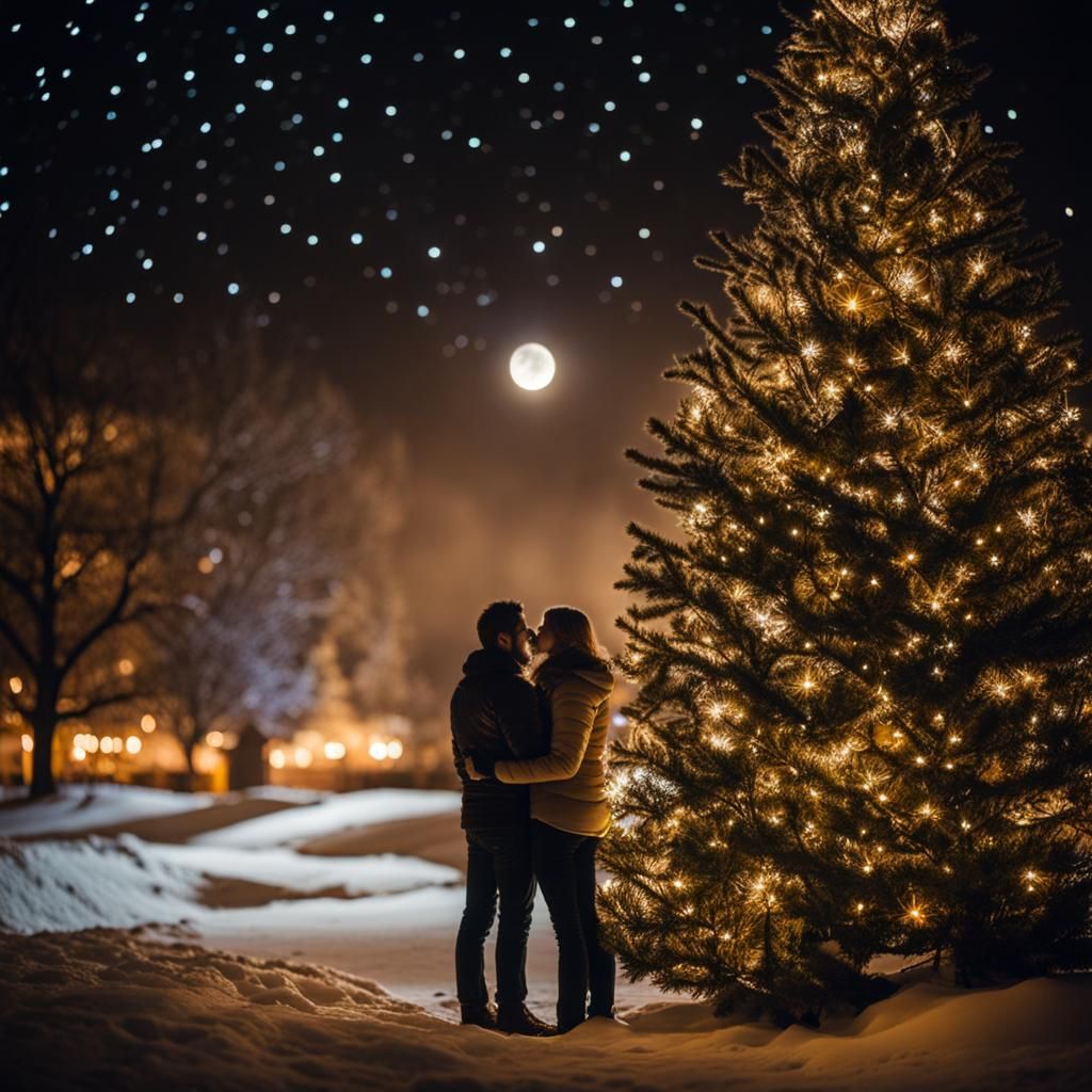 Romantic Christmas Night: Couple Under Moonlit Frost