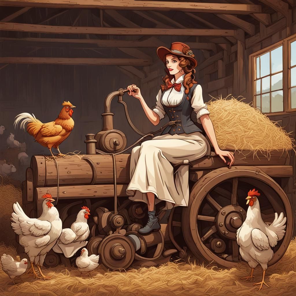 Steampunk Farmer's Wife in Barn with Animals