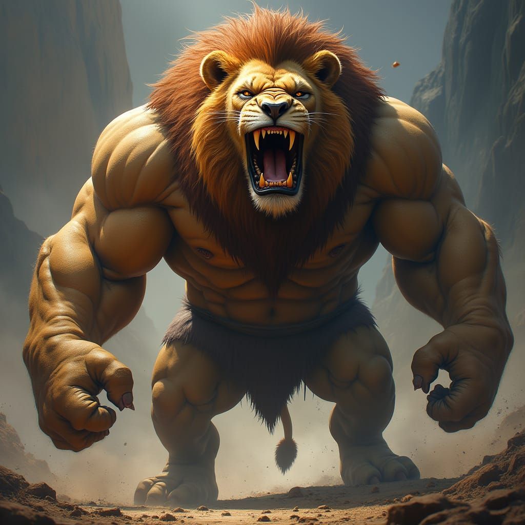Ferocious Lion with Muscles Roaring in Digital Art