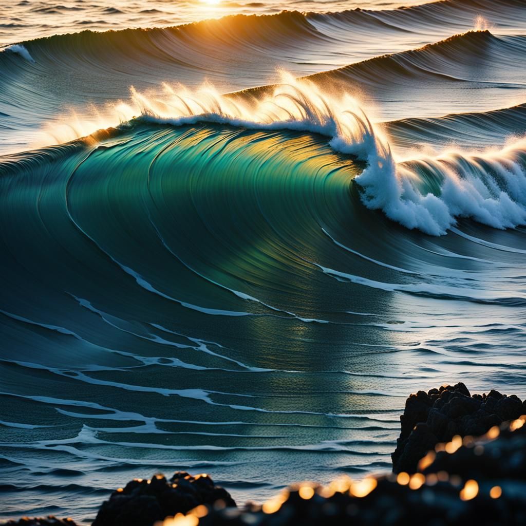 Surfer Rides Sunset Wave: Hyper-Realistic Coastal Scene