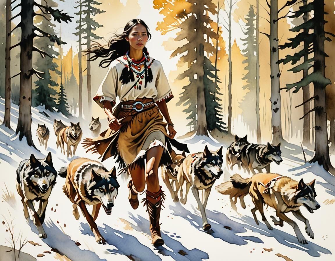 Sioux Woman Running with Wolves in Watercolor Style