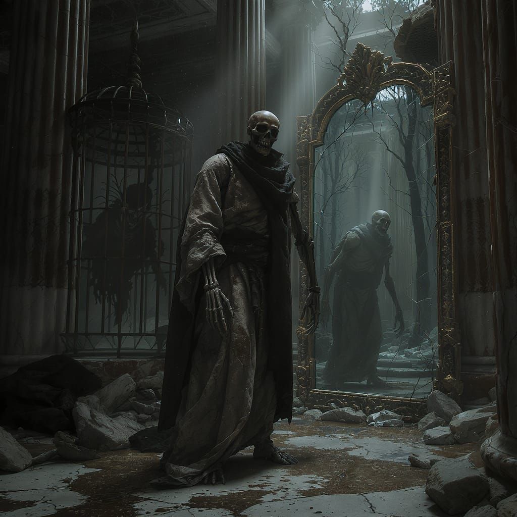 Skeleton in Abandoned Chamber with Shadow Creature