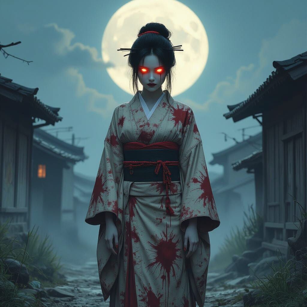 Creepy Yokai Woman in Old Village, AI Horror