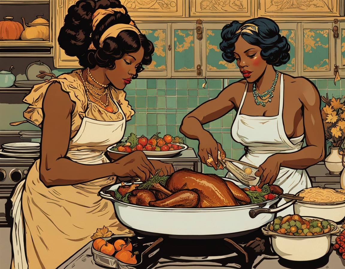 Black Women's Thanksgiving in Alphonse Mucha Style