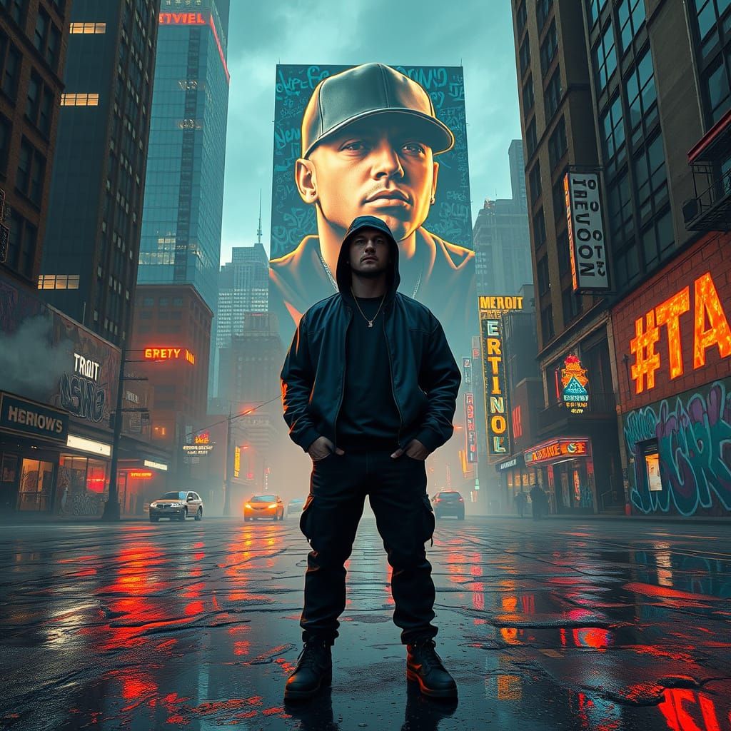 Gritty Eminem in Detroit Cityscape, Inspired by Concept Art