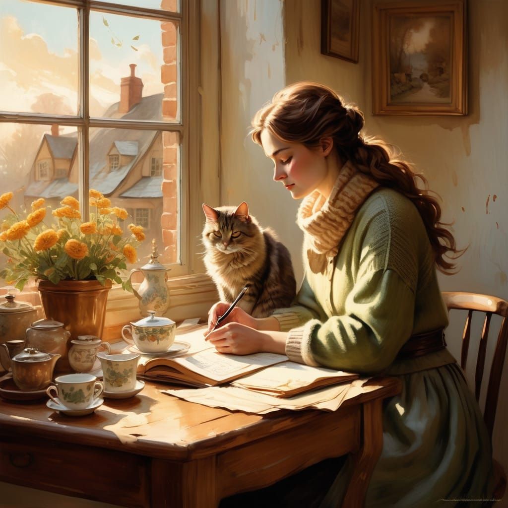 Girl in Whimsical Watercolor Setting, Surrounded by Warmth a...