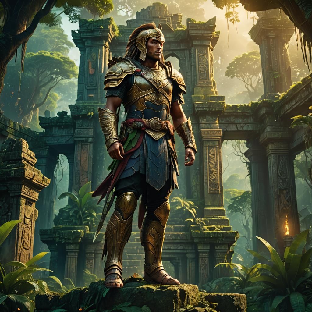 Heroic Fantasy Warrior in Jungle Temple