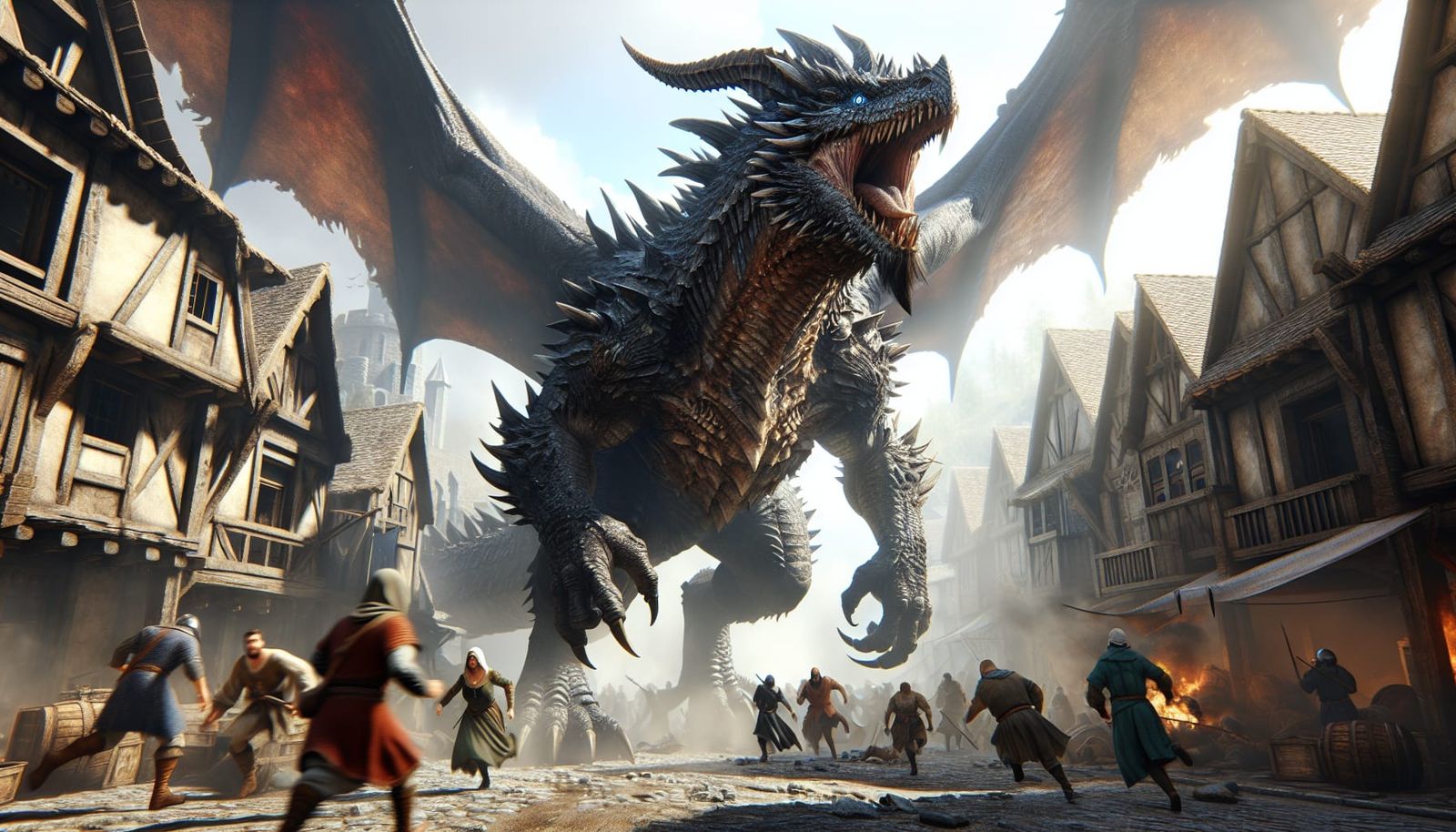 Dragon Rampage Through Medieval Town: Digital Illustration