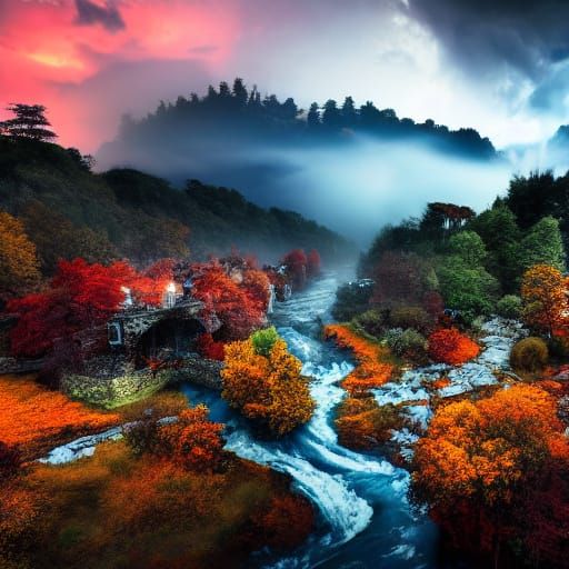 Apocalyptic Torrent: Mountain Stream in Ruins