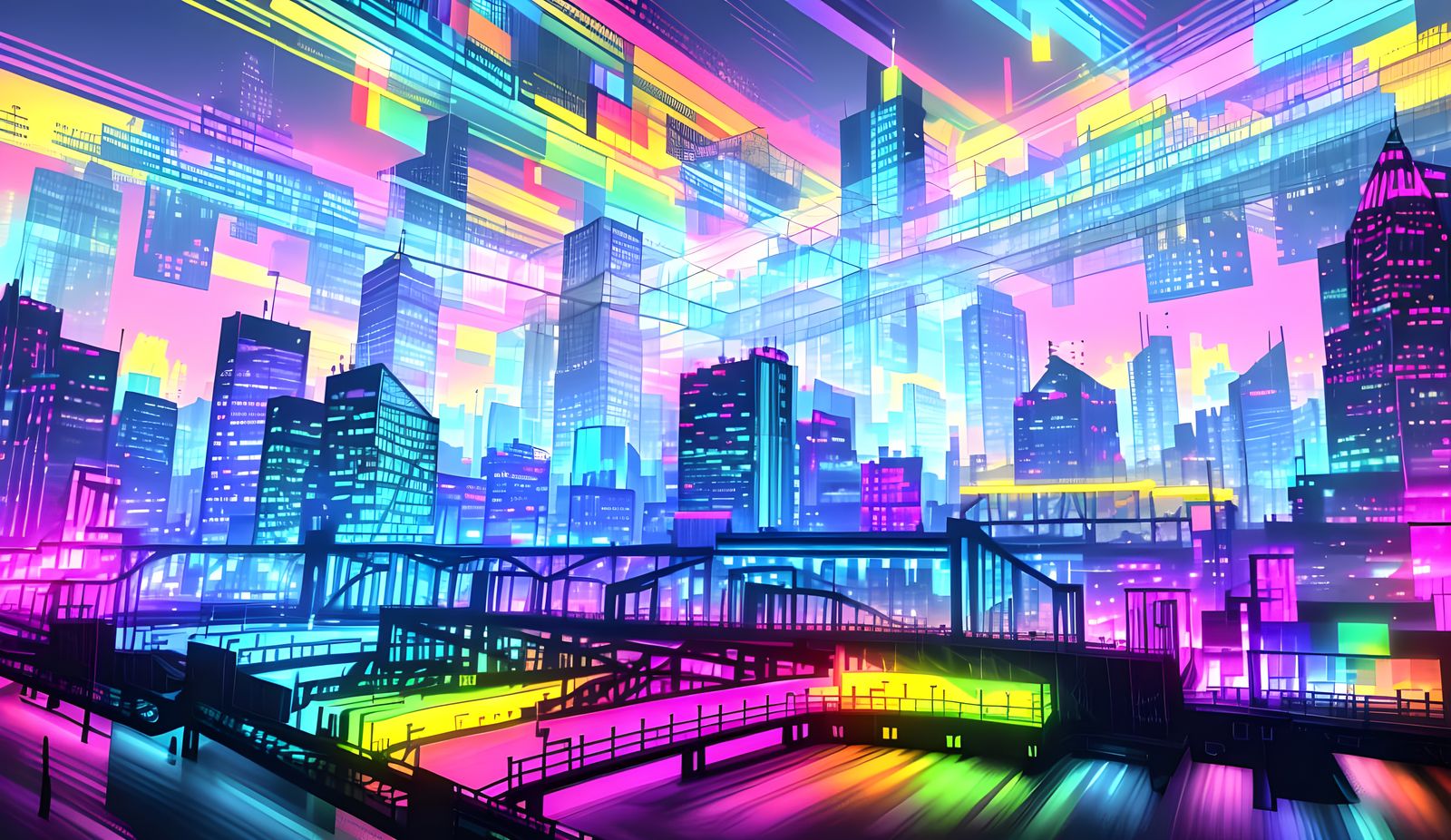 Futuristic Cityscape with Rainbows in Pixel Art