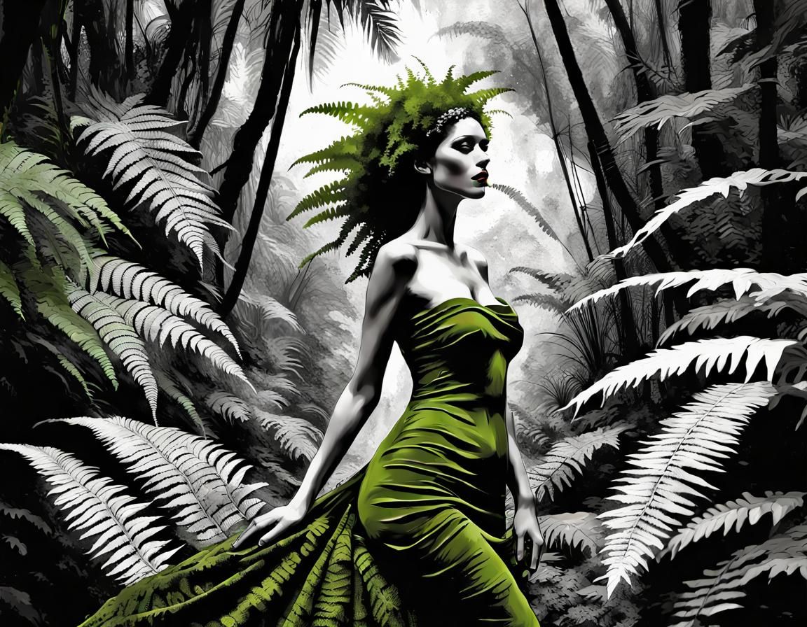 Moss Goddess in Fern Forest, Naturepunk Art