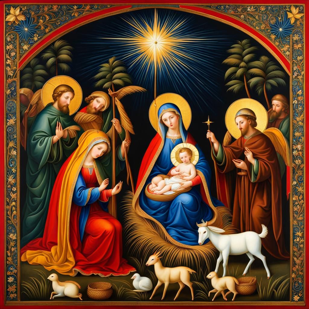 Vibrant Nativity Scene in Folk Art Style