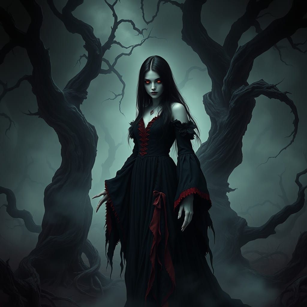 Surreal Woman Embracing Dark Mysticism in a Haunting Forest