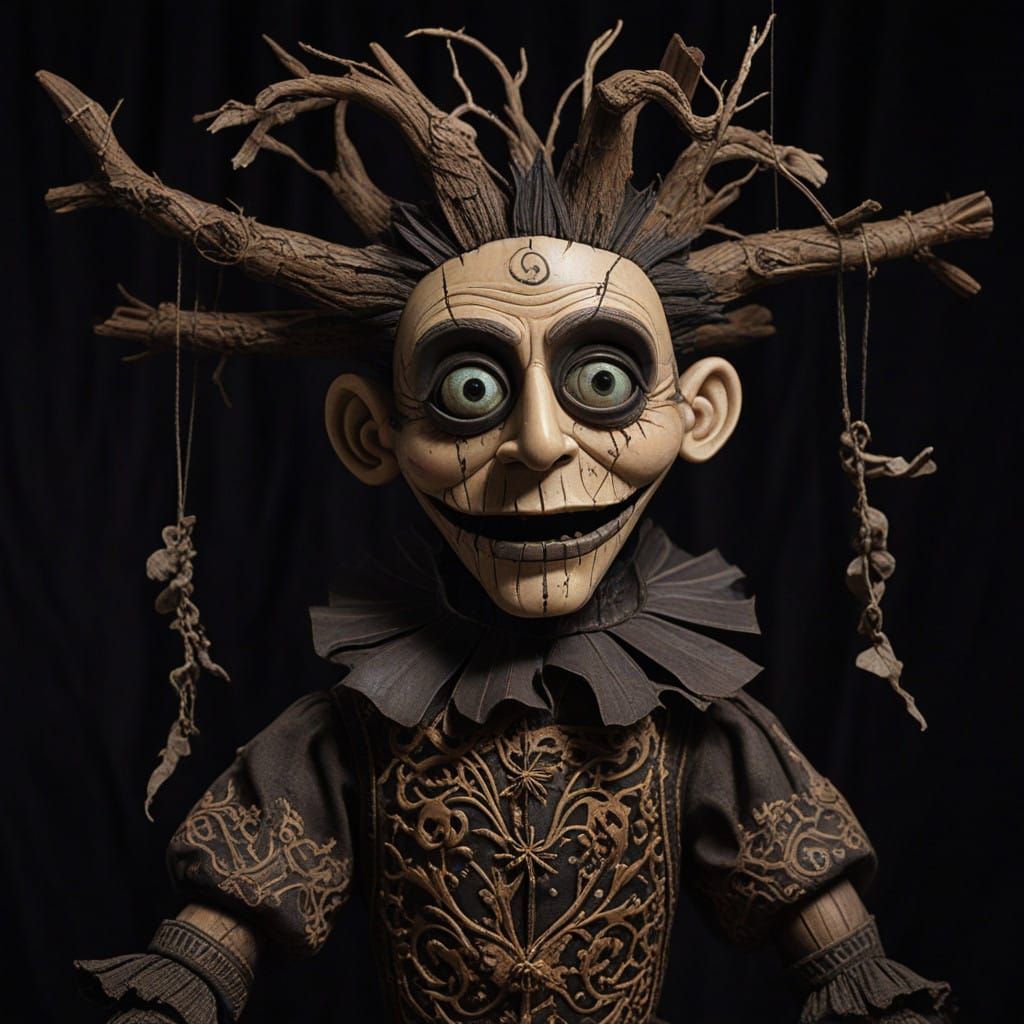 Ancient Wood Puppet with Twisted Roots and Dry Leaves