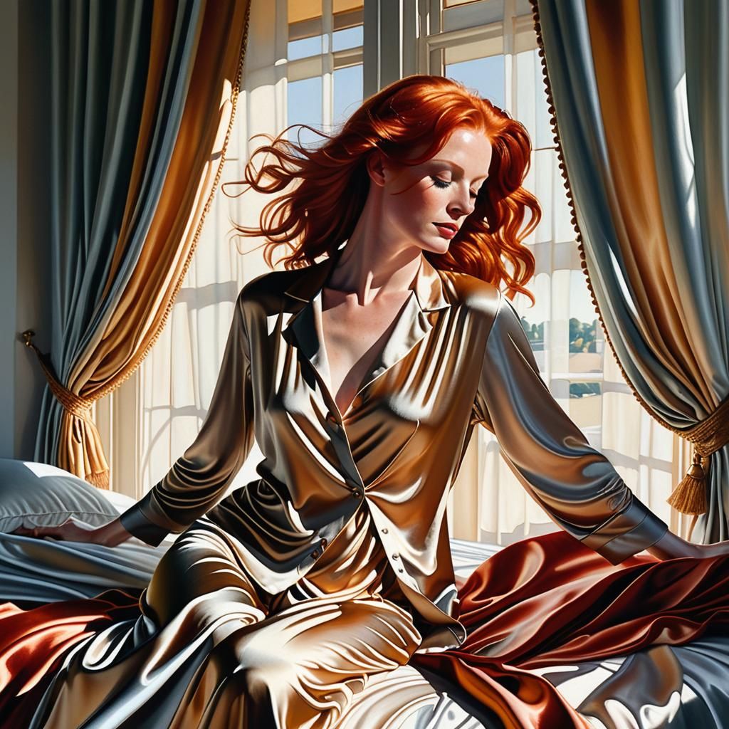 Redhead Woman Awakens in Sun-Bathed Bedroom as Oil Painting