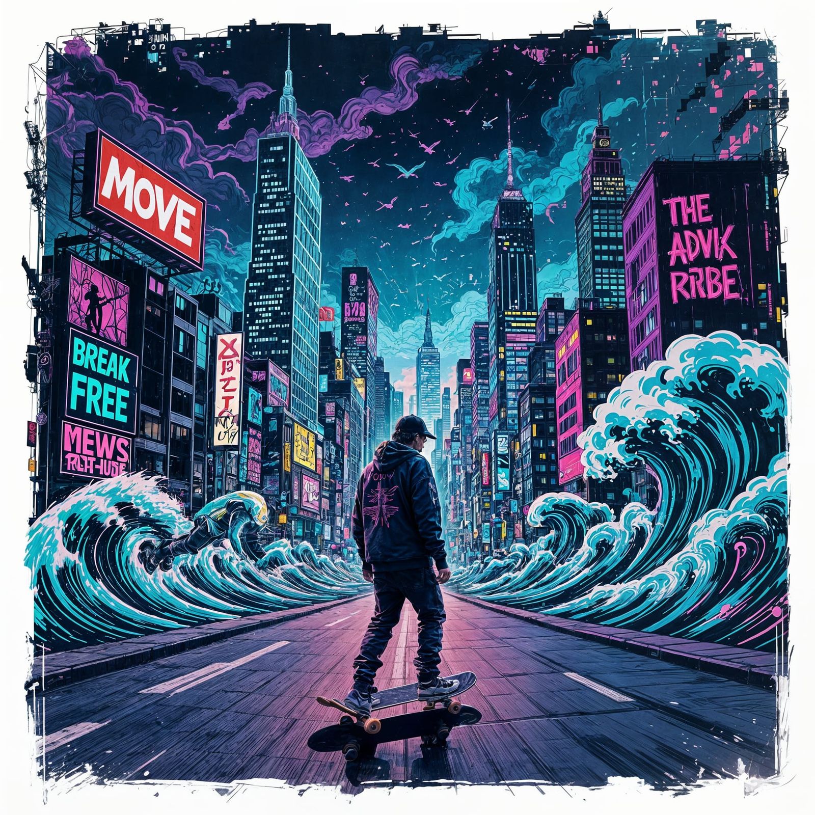 Skateboarder in Surreal Cityscape: Streetwear T-Shirt Design