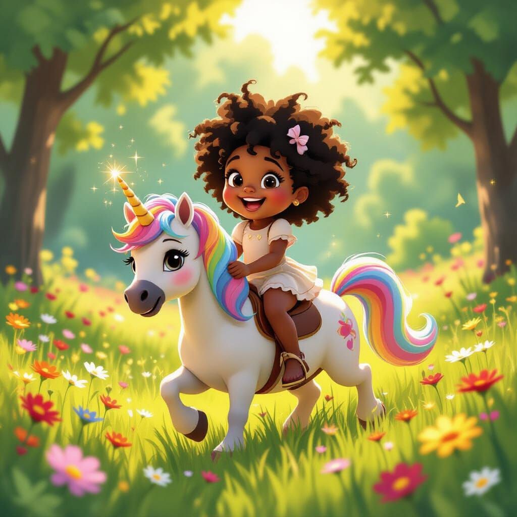 Girl on Unicorn in Meadow, Pixar Animation Style