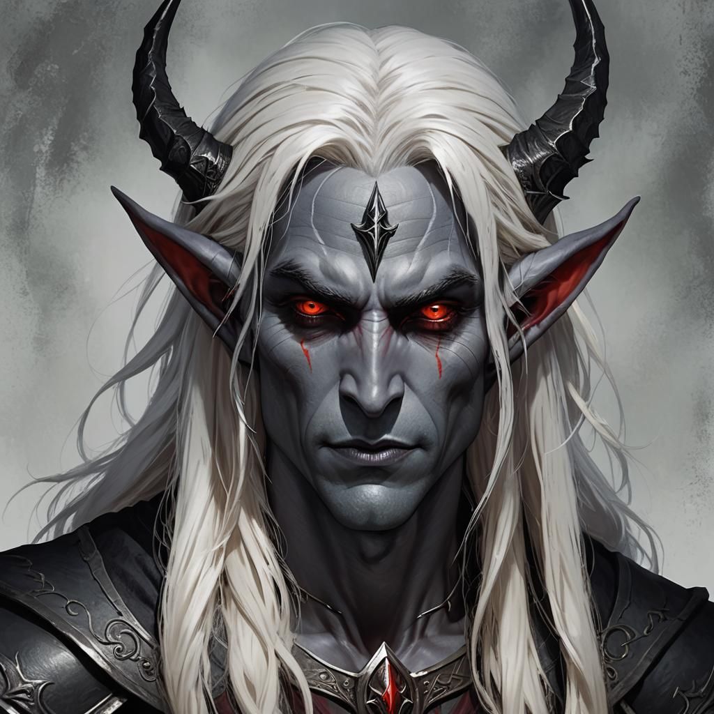Scarred Drow Warlock with Horns in Fantasy Armor