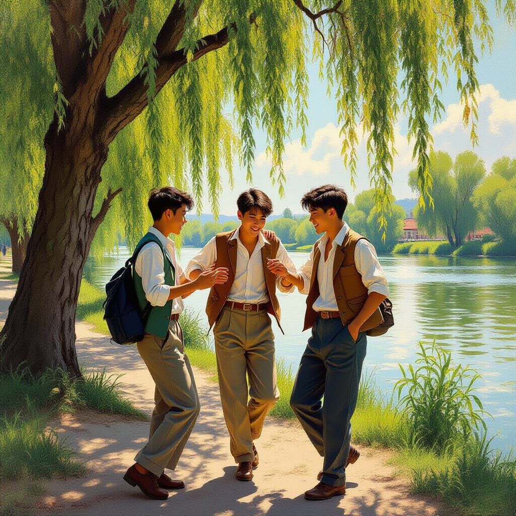 Boys Dancing by River in Impressionistic Sunlight