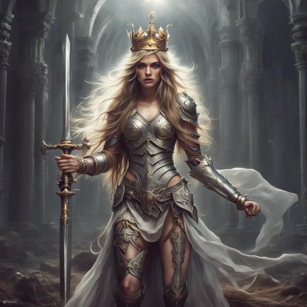 Fantasy Woman in Armor with Sword and Crown