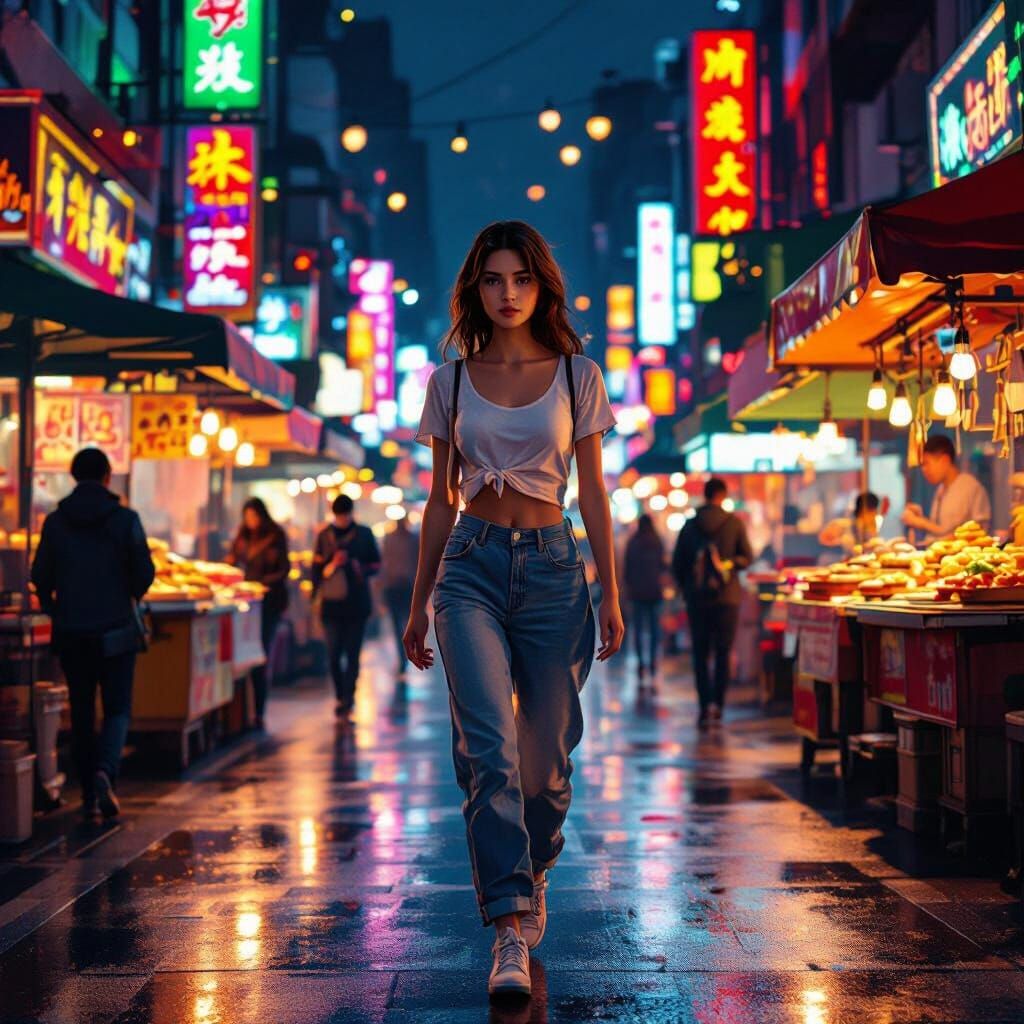 Woman in Bustling Night Market, Warm Neon Glow