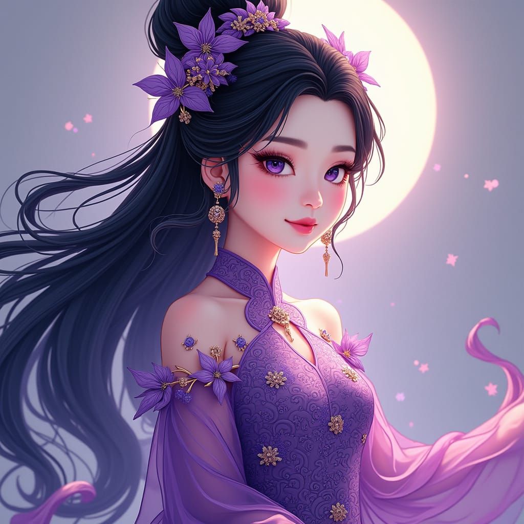 Chinese Girl in Purple Dress with Abstract Elements