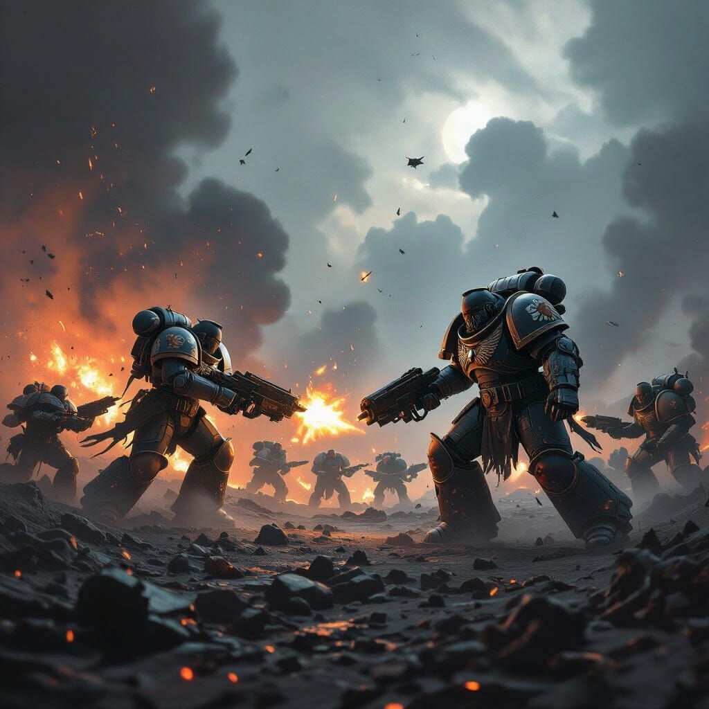 Space Marines vs Orks in Grim Cosmic Warfare
