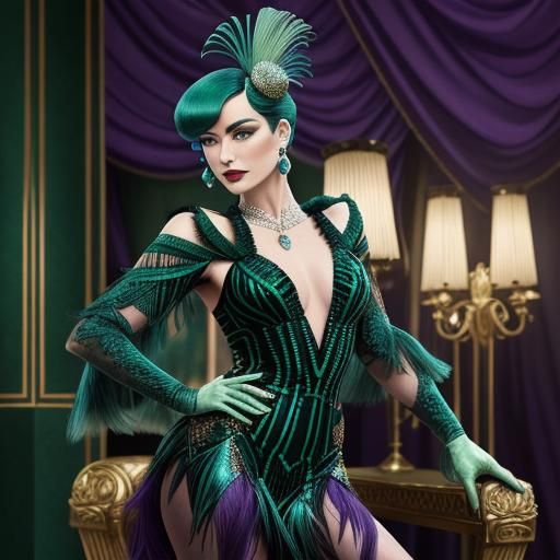 Art Deco Cabaret Dancer in Emerald and Purple