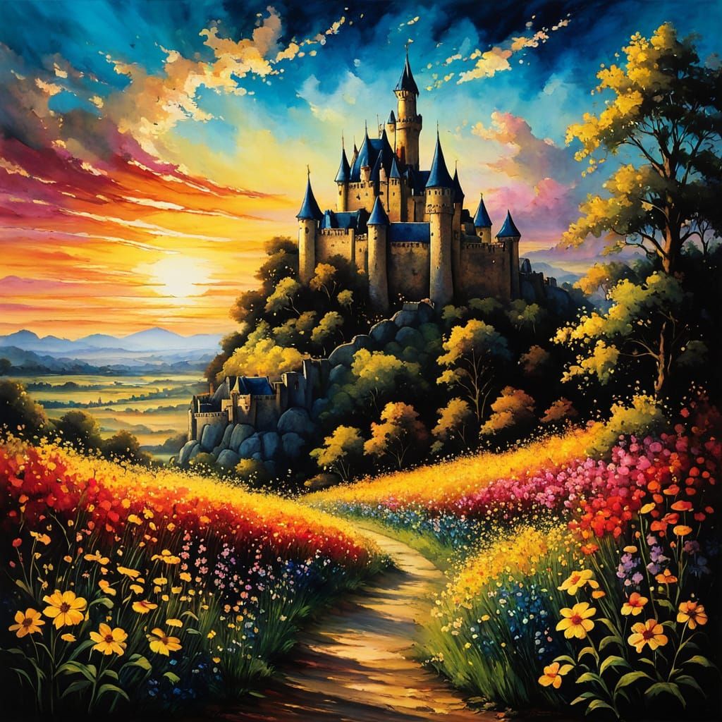 Colorful Cartoon Castle at Golden Hour in Chiaroscuro