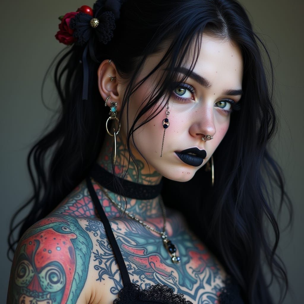Edgy Gothic Goddess with Intricate Tattoos and Piercings