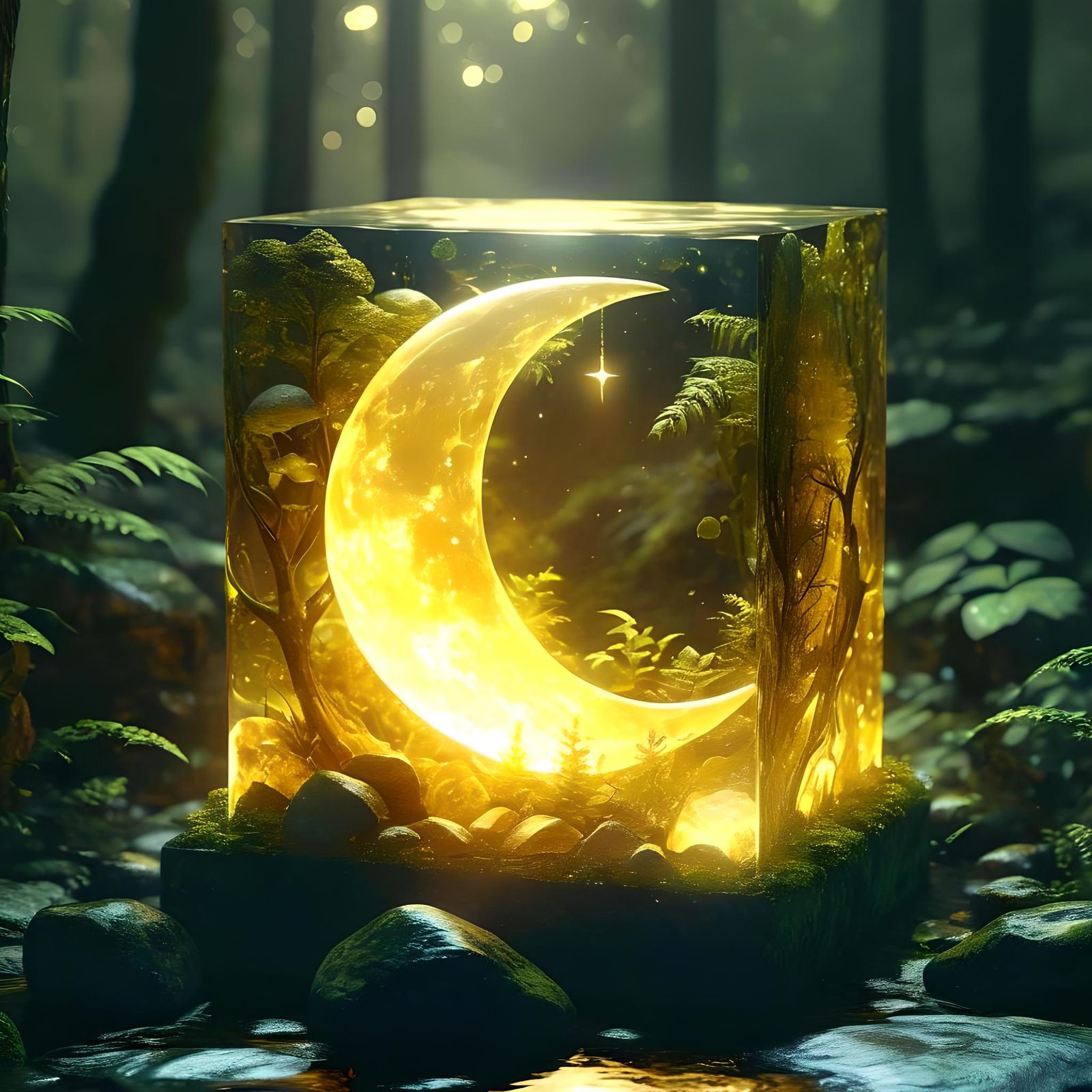 Glowing Crescent Moon in Glass Cube, Enchanted Forest