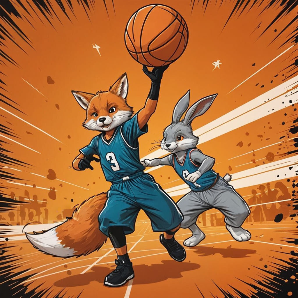 Fox and Rabbit Play Basketball in Comic Style