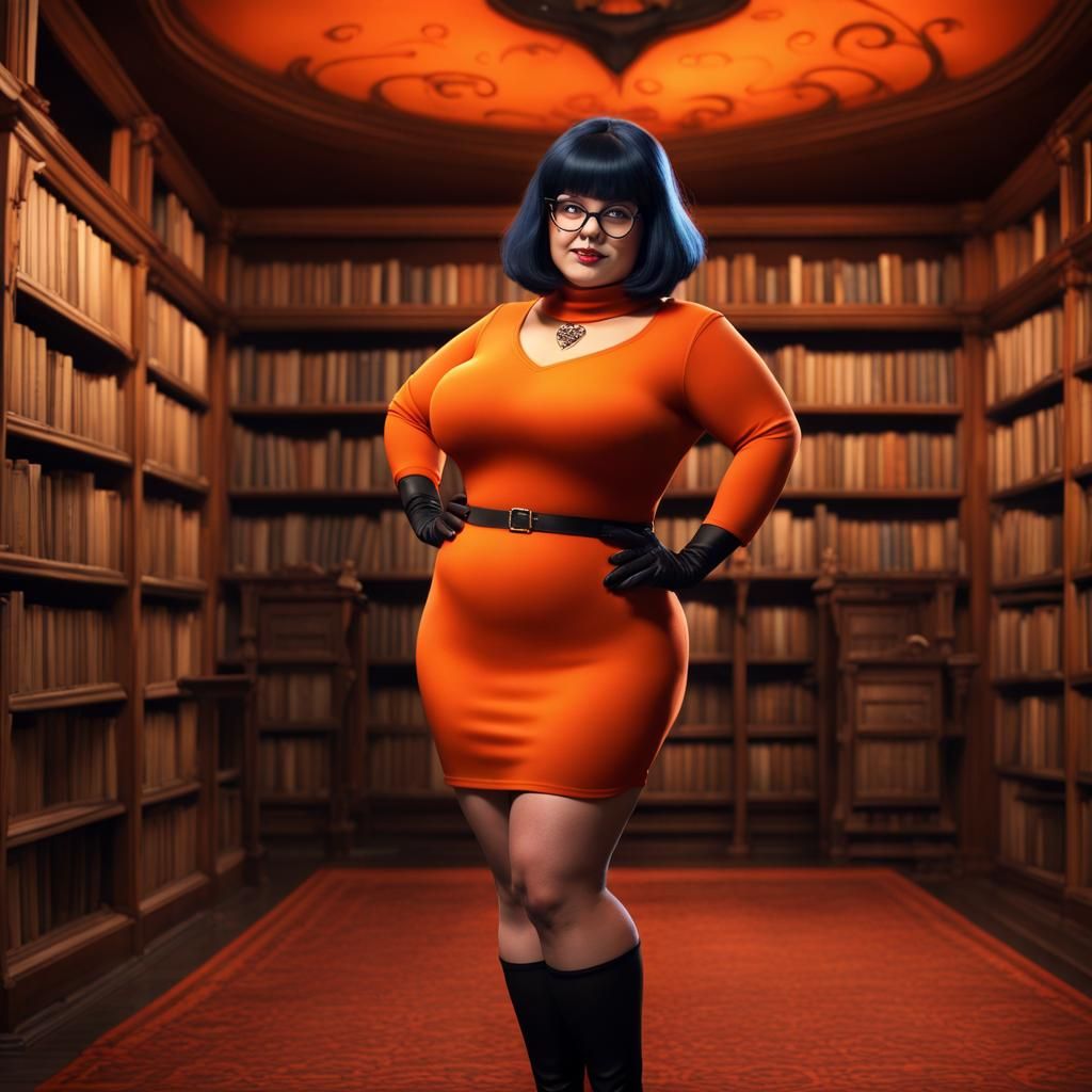 Curvy Goth Velma in Haunted Library, Detailed Matte Painting