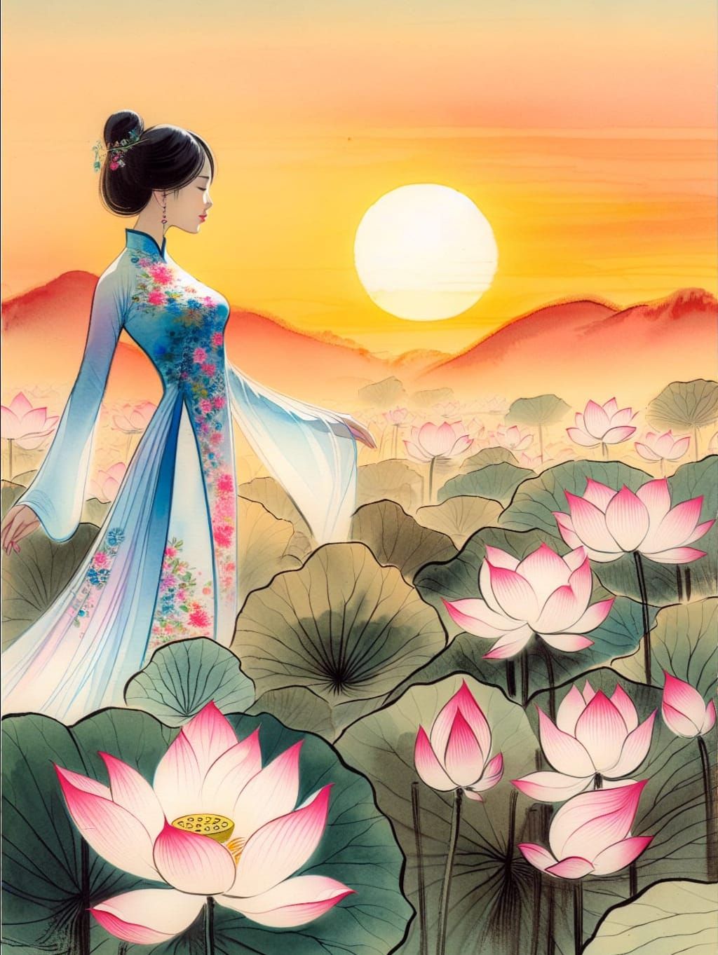 Vietnamese Ao Dai in Chinese Ink Painting at Sunrise