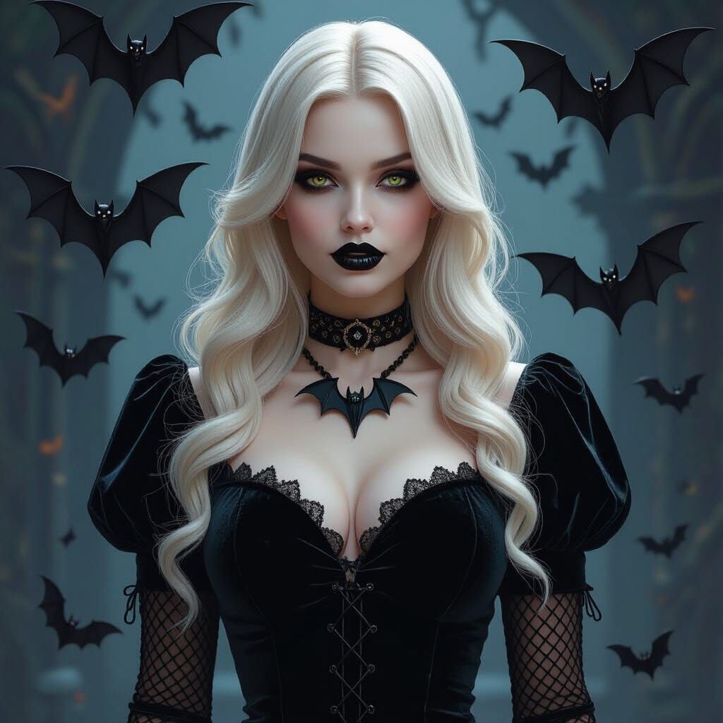 Gothic Blonde Vampire Lady with Bats in Dark Mystical Settin...
