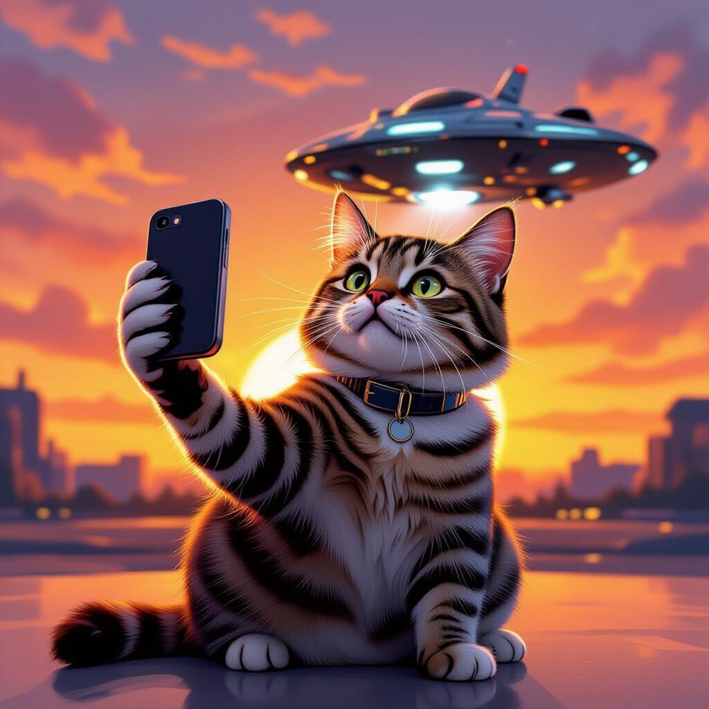 Cat Selfie with Spaceship Landing in Futuristic Style