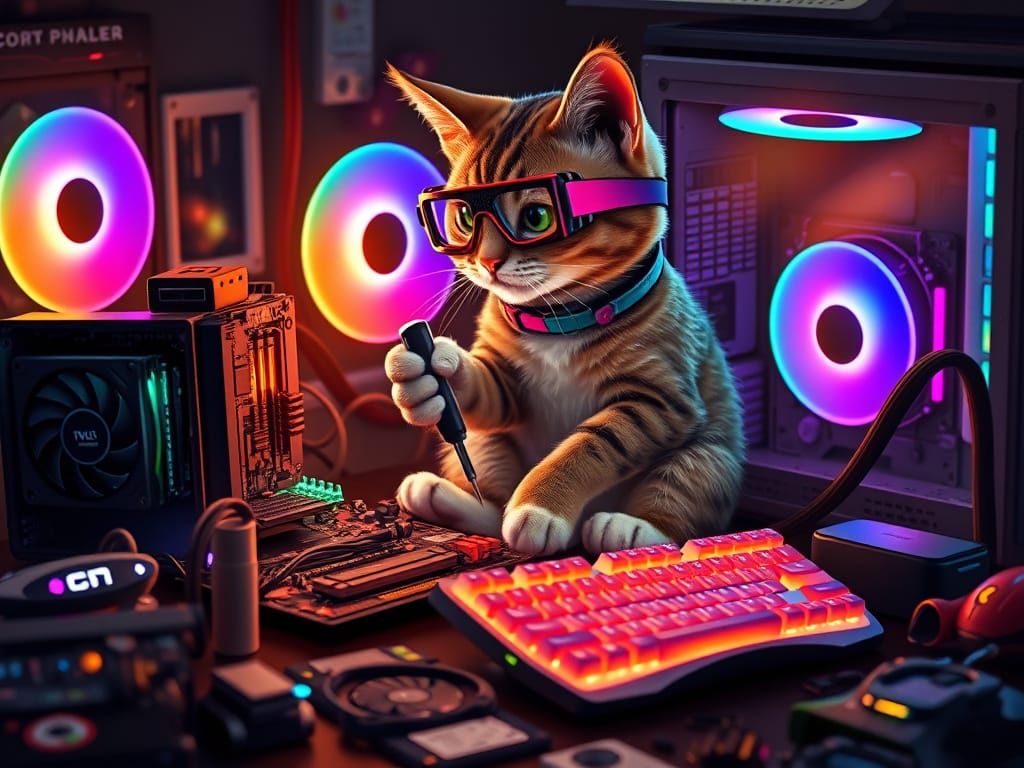 Gaming Cat Builds Futuristic PC in Whimsical Cyberpunk Scene