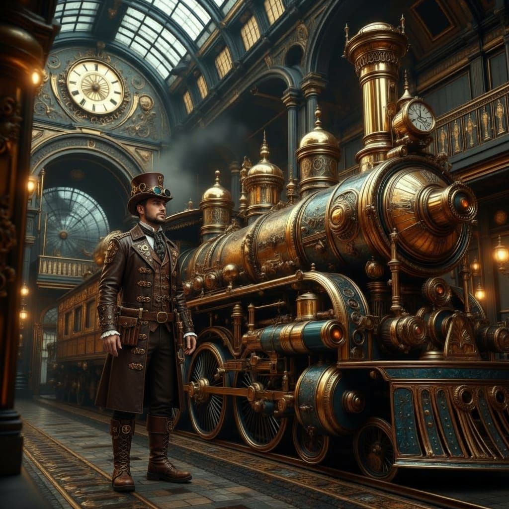 Steampunk Gentleman and Train at London Station