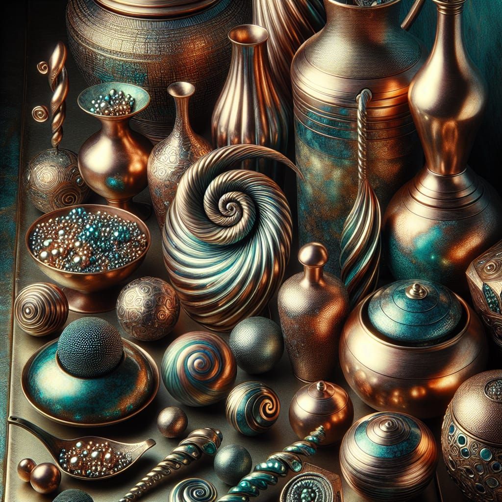 Iridescent Copper Still Life with Verdigris Patina