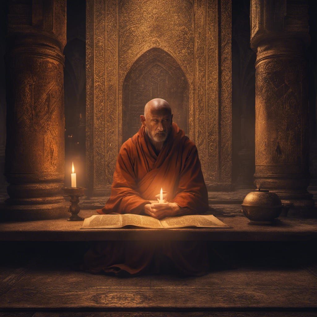 a solitary monk in a dimly lit medieval monastery, immersed in deep contemplation and surrounded by flickering candlelig...