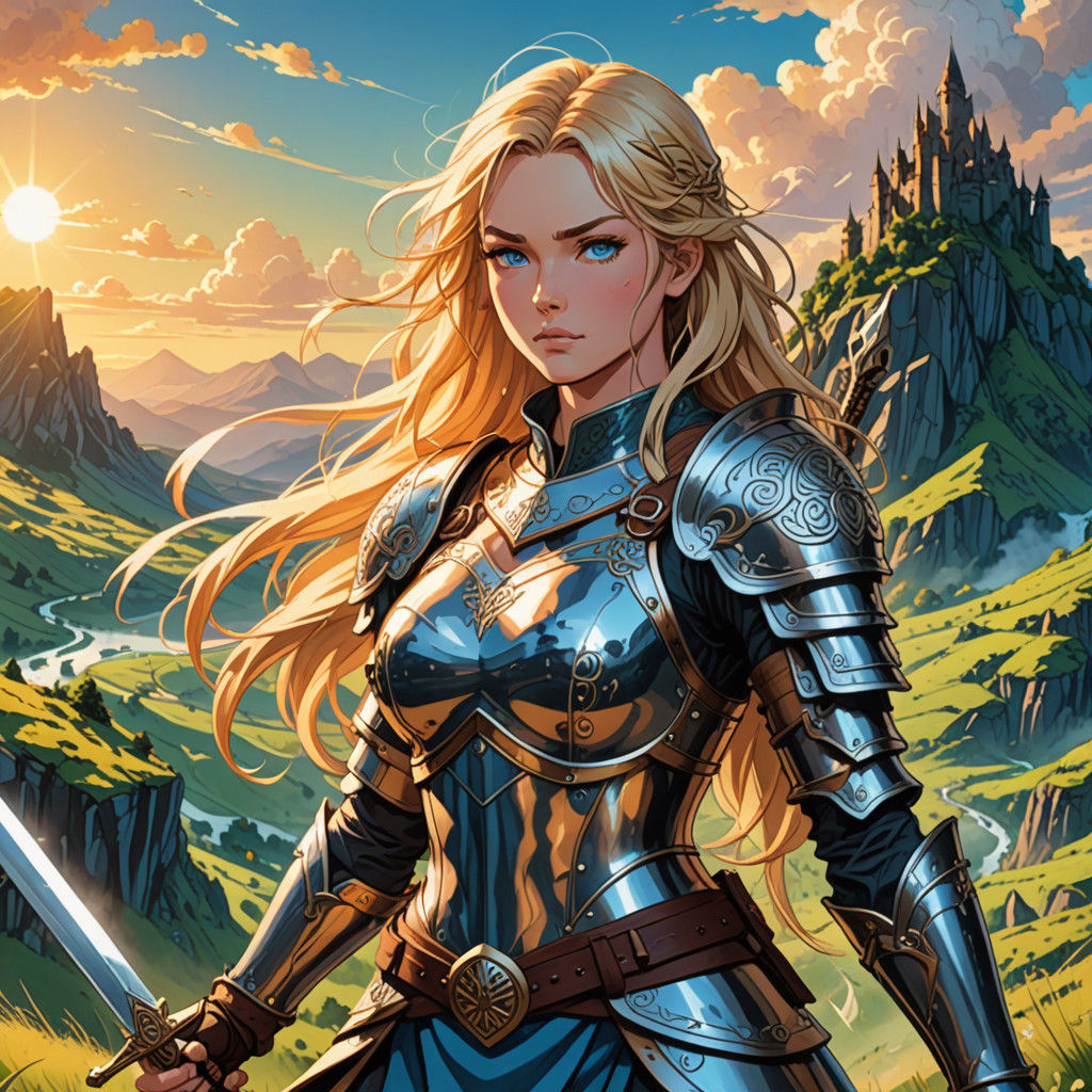 Surreal Female Warrior in Celtic Armor, Anime Style, with Vi...