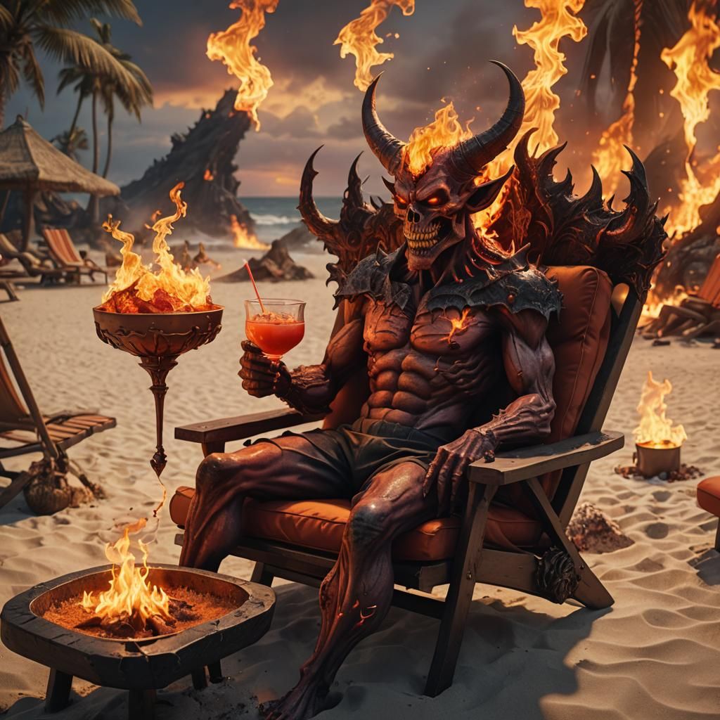 A cartoon demon on a lounge chair on a beach in hell