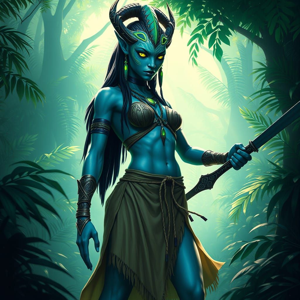 Tall Na'vi Warrior in Defensive Stance with Bioluminescent M...