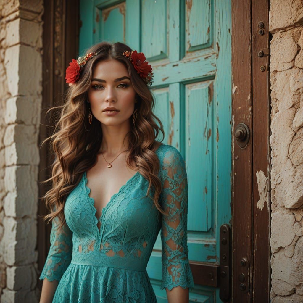 Elegant Woman Poses in Turquoise Doorway, Vintage Photograph...