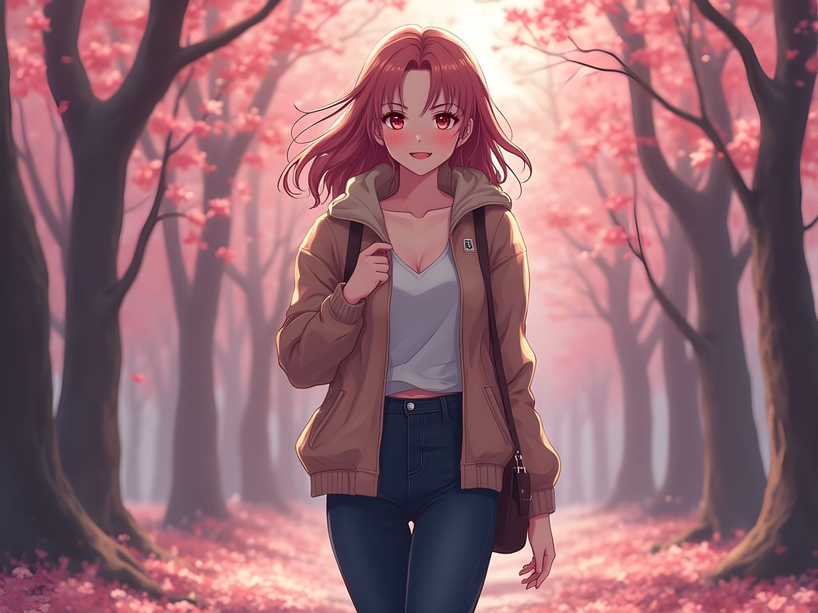 Anime Woman Walking in a Pink Forest