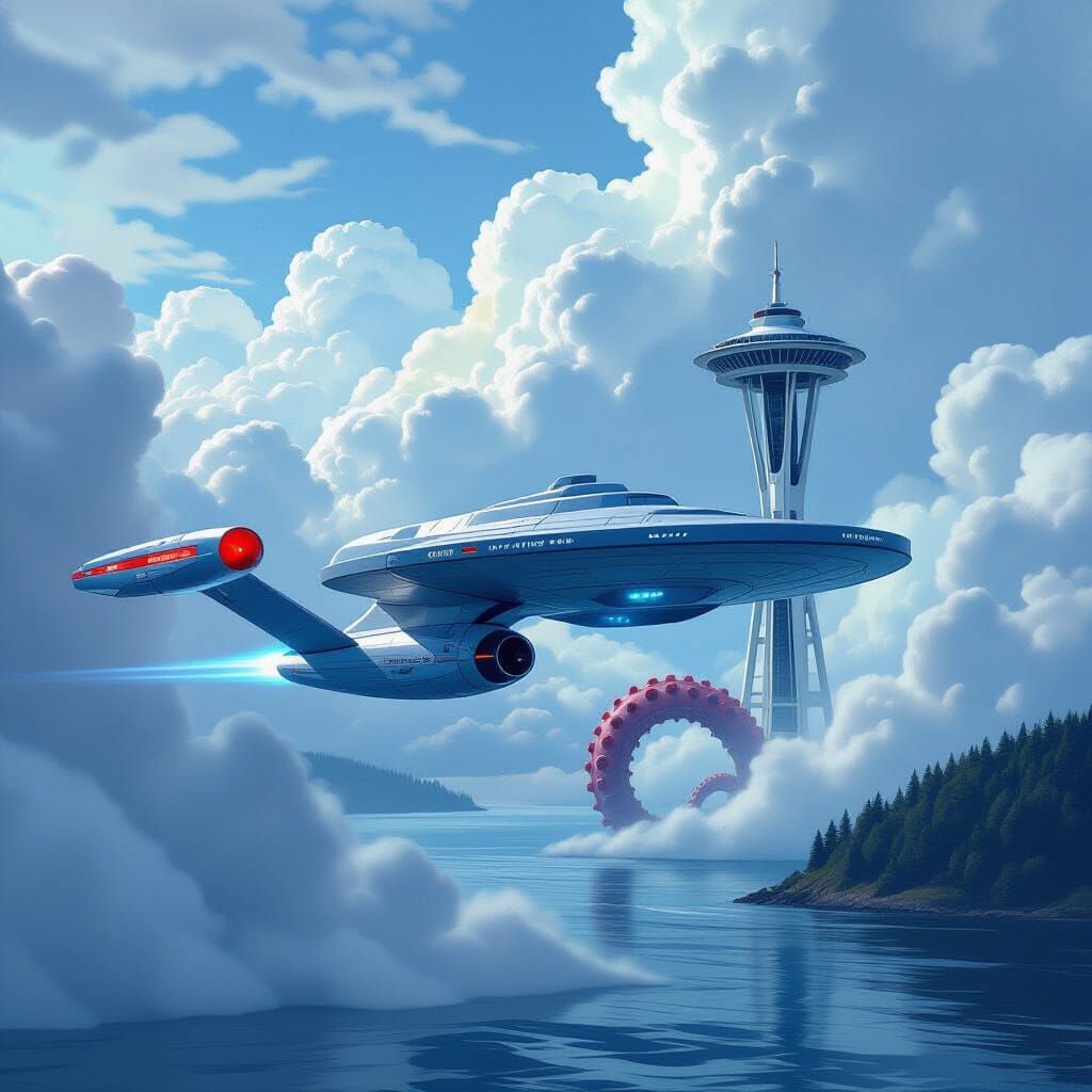 Starship Enterprise and Kraken Soaring Over Seattle