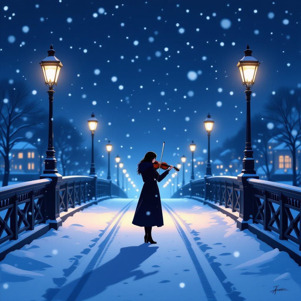 Violinist on Snowy Bridge at Midnight in Vibrant Digital Art...