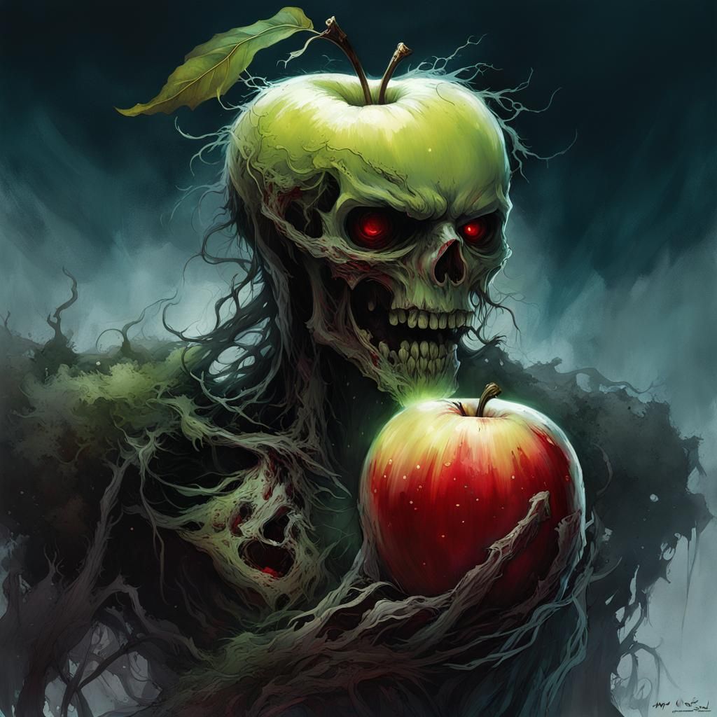 Zombie Apple Character in Bioluminescent Graveyard